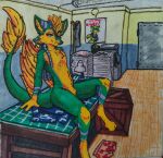  4_ears absurd_res anthro avali crate feathers furniture green_body green_feathers hi_res male multi_ear nude orange_body orange_feathers purple_body purple_feathers sitting sitting_on_table smug solo table tail tiskanomicon vaineris winged_arms wings yellow_body yellow_feathers 