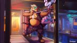  absurd_res action_pose aiming anthro belly big_belly body_hair bow_(disambiguation) chubby_anthro cyberpunk destiny_2 detailed_background dragon hi_res male nipple_piercing nipples peanut(artist) piercing pose soarinlion solo 