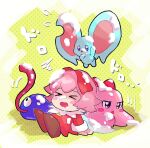  &gt;_&lt; 2girls animal_ears blue_skin blush_stickers chiimako chuchu_(kirby) closed_eyes colored_skin cream cream_on_face elfilin fairy fairy_wings food food_on_face gooey_(kirby) kirby&#039;s_dream_buffet kirby_(series) mouse_ears multiple_girls notched_ear open_mouth pink_hair pink_skin red_ribbon ribbon ribbon_(kirby) sitting tongue tongue_out wings 
