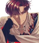  1boy alternate_hair_length alternate_hairstyle commentary_request ear_piercing earrings fate/grand_order fate_(series) head_rest jewelry male_focus piercing red_eyes red_hair smile solo takasugi_shinsaku_(fate) takasugi_shinsaku_(first_ascension)_(fate) upper_body yuuzuki230 