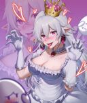  1girl blush boo_(mario) breasts cleavage crown dress earrings er_gou_daoren frilled_gloves frills ghost_pose gloves hair_between_eyes heart heart-shaped_pupils jewelry large_breasts long_hair long_tongue luigi&#039;s_mansion mario_(series) mini_crown new_super_mario_bros._u_deluxe pointy_ears princess_king_boo puffy_short_sleeves puffy_sleeves purple_eyes sharp_teeth short_sleeves super_crown symbol-shaped_pupils teeth tongue tongue_out very_long_hair white_dress white_gloves white_hair zoom_layer 