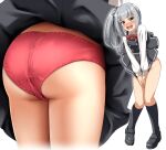  1girl absurdres ass ass_focus black_footwear black_ribbon black_socks blush collared_shirt commentary_request covering covering_crotch dress dress_shirt from_behind full_body grey_hair hair_ribbon highres kantai_collection kasumi_(kancolle) loafers long_hair long_sleeves looking_at_viewer mtu_virus multiple_views neck_ribbon nose_blush open_mouth panties pinafore_dress red_panties red_ribbon ribbon round_teeth shirt shoes side_ponytail simple_background sleeveless sleeveless_dress socks teeth underwear upper_teeth_only v_arms white_background white_shirt yellow_eyes zanntetu 