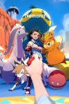  1girl 1other :d black_hair black_pantyhose blurry cloud commentary_request day depth_of_field dudunsparce echo_(circa) goodra green_hair holding holding_poke_ball long_hair looking_at_viewer lycanroc multicolored_hair necktie nemona_(pokemon) open_mouth orthworm outdoors pantyhose pawmot poke_ball poke_ball_(basic) pokemon pokemon_(creature) pokemon_(game) pokemon_sv ponytail pov purple_necktie shirt shoes short_sleeves sky smile sneakers standing two-tone_hair 