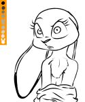  5:6 anthro clothed clothing dewlap_(anatomy) disney ears_down female flat_chested judy_hopps lagomorph leporid line_art looking_at_viewer mammal monochrome open_mouth pivoted_ears rabbit simple_background solo spoof_(artist) topless undressing white_background wide_eyed zootopia 