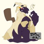  4_fingers anthro breasts clothing costume english_text fake_tail female fingers generation_7_pokemon hi_res mimikyu nintendo one_eye_obstructed pokemon pokemon_(species) purple_body red_eyes simple_background smile solo tattoorexy teeth text white_background 