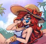  1girl anchor_symbol armlet bare_shoulders blue_eyes blue_one-piece_swimsuit bow bracelet breasts brown_headwear cleavage cloud cowboy_shot day freckles from_side hand_in_own_hair hand_up hat jewelry large_breasts league_of_legends long_hair miss_fortune_(league_of_legends) one-piece_swimsuit outdoors palm_tree phantom_ix_row pool_party_miss_fortune red_bow red_hair shiny_skin smile solo sun_hat swimsuit tree 