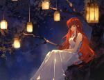  1girl branch closed_mouth dress eyepatch highres hwa_ryun in_tree kunyetog lantern long_hair looking_at_viewer night red_eyes red_hair sitting sitting_in_tree sleeveless sleeveless_dress smile solo tower_of_god tree white_dress 