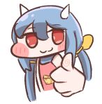  1girl :3 apron blue_hair blush_stickers bow cheese chibi closed_mouth derivative_work diyap_(style) drawfag epic_seven food hair_bow horns looking_at_viewer low_twintails ravi_(epic_seven) red_apron red_eyes sleeveless solo thumbs_up twintails upper_body white_horns yellow_bow 