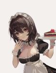  1girl absurdres apron bell black_choker black_dress black_hair breasts cake choker cleavage commentary_request dress food frilled_apron frills fruit grey_background hands_up highres holding holding_plate large_breasts looking_at_viewer maid maid_headdress medium_hair nail_polish neck_bell original plate puffy_short_sleeves puffy_sleeves red_eyes red_nails short_sleeves simple_background smile solo strawberry tungulamiantangxindan waist_apron white_apron wrist_cuffs 