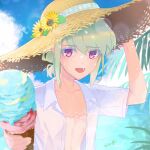  1boy :d alternate_costume alternate_hairstyle blue_sky collared_shirt colored_eyelashes flower food green_hair hat hat_flower highres holding holding_food holding_ice_cream ice_cream lens_flare lio_fotia looking_at_viewer low_ponytail male_focus ocean open_clothes open_mouth open_shirt otoko_no_ko palm_tree promare purple_eyes shirt short_hair short_sleeves sidelocks sky smile solo straw_hat tree upper_body white_shirt xyz008 