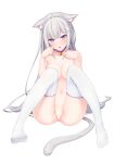  1girl absurdres animal_ears anus bar_censor bell blush breasts cameltoe cat_ears cat_lingerie cat_tail censored collar collarbone echiru39 emilia_(re:zero) feet grey_hair highres kemonomimi_mode knees_together_feet_apart long_hair looking_at_viewer medium_breasts meme_attire navel neck_bell no_shoes nude parted_lips paw_pose purple_collar purple_eyes pussy re:zero_kara_hajimeru_isekai_seikatsu simple_background sitting solo tail thighhighs underwear very_long_hair white_background white_thighhighs 