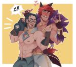  2boys abs bara chest_hair glasses heart league_of_legends looking_at_viewer lou_host multiple_boys multiple_scars muscular muscular_male musical_note pectorals scar scar_on_face scar_on_nose scar_on_stomach sett_(league_of_legends) speaker sylas_(league_of_legends) tongue tongue_out topless_male veins vest 