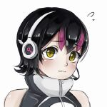  1girl black_hair blush closed_mouth headphones hood hoodie humboldt_penguin_(kemono_friends) kemono_friends kemono_friends_v_project looking_at_viewer microphone multicolored_hair penguin_girl purple_hair short_hair simple_background sleeveless solo surumeyade sweat two-tone_hair virtual_youtuber yellow_eyes zipper 