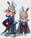  1girl absurdly_long_hair animal_ears asuna_(blue_archive) blonde_hair blue_archive blue_eyes blue_leotard blush breasts brown_pantyhose elbow_gloves fake_animal_ears fake_tail gloves hair_over_one_eye high_heels large_breasts leotard long_hair looking_at_viewer mole mole_on_breast open_mouth pantyhose playboy_bunny rabbit_ears rabbit_tail sitting slammo smile solo standing stool tail very_long_hair white_footwear white_gloves 
