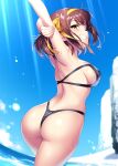  1girl arm_up armpits ass back bikini black_bikini blue_sky blurry blurry_background blush breasts brown_eyes brown_hair commentary_request commission cowboy_shot curvy eyelashes floating_hair from_behind grin hair_ribbon hairband happy head_tilt large_breasts light_rays looking_at_viewer looking_back multicolored_hair ocean one_eye_closed outdoors ribbon shiny_skin sideboob skeb_commission skindentation sky smile solo standing stretching suzumiya_haruhi suzumiya_haruhi_no_yuuutsu swimsuit thighs wet yellow_hairband yellow_ribbon zen_(kamuro) 