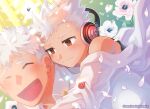  2boys ^_^ blush brothers brown_eyes carrying child closed_eyes duo_(housamo) flower headphones highres light_rays light_smile male_focus multiple_boys open_mouth petals piggyback shirt short_hair siblings sumi_wo_hakuneko togo_shuichi tokyo_afterschool_summoners upper_body white_flower white_hair white_shirt 