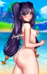  1girl absurdres aqua_eyes artist_name ass beach blurry blurry_background blush breasts completely_nude covering covering_breasts day genshin_impact gold_trim hair_between_eyes hair_ornament highres long_hair looking_at_viewer looking_back medium_breasts meowtastic mona_(genshin_impact) nude outdoors sideboob solo standing tassel thighs twintails 