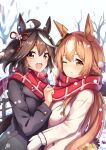  2girls :d absurdres ahoge animal_ears black_hair brown_eyes coat hair_ornament highres horse_ears horse_girl kitasan_black_(umamusume) long_sleeves looking_at_viewer multicolored_hair multiple_girls one_eye_closed outdoors red_eyes red_scarf satono_diamond_(umamusume) scarf shared_clothes shared_scarf smile snowing streaked_hair sunny_(20597521) umamusume white_hair white_mittens 