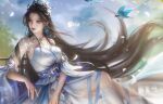  1girl bird blue_sky brown_hair closed_mouth cloud crossed_legs dress earrings facial_mark falling_feathers forehead_mark highres jewelry long_hair looking_to_the_side lu_xueqi_(zhu_xian) mingming_er rainbow_gradient sash second-party_source sitting sky smile solo thighhighs tiara upper_body white_dress white_thighhighs zhu_xian 