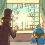  !? 2boys abarenbou_bifun autodefenestration blue_headwear blue_sweater broken_window brown_hair brown_headwear brown_jacket cabbie_hat commentary_request curtains facing_away hand_up hat hershel_layton high_collar indoors jacket long_sleeves luke_triton male_focus multiple_boys professor_layton short_hair silhouette standing surprised sweatdrop sweater top_hat twitter_username upper_body 