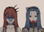  2girls alternate_costume alternate_hairstyle bangs_pinned_back bare_shoulders blue_hair cable_tie choker collarbone commentary ear_piercing facepaint forehead glaring hair_over_one_eye hair_strand hairband high_collar highres jacket kotonoha_akane kotonoha_aoi long_hair looking_at_viewer multiple_girls namagomi_gohan piercing portrait post-apocalypse red_hair sanpaku scissors_hair_ornament scowl short_eyebrows siblings side-by-side sidelocks simple_background sisters spaghetti_strap spiked_hairband spikes sweater track_jacket voiceroid white_background zipper zipper_pull_tab 