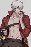  1boy belt_bra bishounen blue_eyes coat dante_(devil_may_cry) devil_may_cry_(series) devil_may_cry_3 fingerless_gloves gloves highres jacket looking_at_viewer male_focus rebellion_(sword) red_coat smile solo sword weapon weibo_1782845337 white_hair 