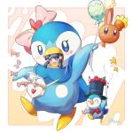  1girl :d absurdres bag balloon black_hair blue_eyes blush border commentary_request cosplay dawn_(pokemon) flower hair_ornament hairclip hat highres kuroa_(pixiv_4681345) open_mouth piplup piplup_(cosplay) pokemon pokemon_(creature) pokemon_(game) pokemon_dppt sidelocks signature smile top_hat white_bag white_border 