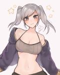 1girl bandeau bare_shoulders breasts camisole cleavage commentary fire_emblem fire_emblem_awakening grey_background grey_eyes grey_hair highres jacket long_hair long_sleeves looking_at_viewer medium_breasts midriff navel open_clothes open_jacket purple_jacket purrlucii robin_(female)_(fire_emblem) robin_(fire_emblem) simple_background solo stomach twintails upper_body 