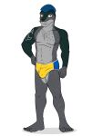  3:4 anthro blue_mohawk bulge clothed clothing full-length_portrait fuze hi_res leopard_seal male mammal marine mohawk navel nipples pantherwave41_(character) pinniped portrait seal simple_background solo speedo speedo_only swimwear topless white_background 