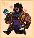  1boy absurdres bara beard black_hair chibi dark-skinned_male dark_skin deformed dreadlocks earrings facial_hair flower full_body gay_male_pride_flag heartsteel_k&#039;sante highres hobgobbin holding holding_flower inset_border jewelry k&#039;sante_(league_of_legends) league_of_legends lgbt_pride looking_at_viewer male_focus mature_male muscular muscular_male running short_hair solo thick_eyebrows two-tone_beard very_dark_skin 