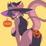  anthro big_breasts breasts butt canid canine canis clothing dialogue dragon female food fruit ghastlyfish_(artist) halloween hat headgear headwear hi_res hilda_(ghastlyfish) holidays horn hybrid long_tail mammal plant presenting presenting_hindquarters pumpkin raised_tail scalie seductive side_boob smile solo speech_bubble suggestive tail witch_hat wolf 