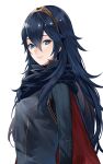  1girl ameno_(a_meno0) blue_cape blue_eyes blue_hair blue_sweater cape closed_mouth fire_emblem fire_emblem_awakening hair_between_eyes lips long_hair long_sleeves looking_at_viewer lucina_(fire_emblem) pink_lips red_cape ribbed_sweater simple_background smile solo sweater tiara turtleneck turtleneck_sweater two-tone_cape white_background 