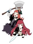  2girls axe bandaged_arm bandaged_hand bandages black_dress dress fire_emblem fire_emblem_engage grinning_cheshire_cat highres holding holding_axe holding_knife knife multiple_girls open_mouth orange_hair panette_(fire_emblem) red_eyes red_hair short_bangs yellow_eyes yunaka_(fire_emblem) 