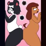  angry anthro ass_to_ass bear big_butt black_and_white_body black_and_white_fur brown_body brown_fur butt cal_(zlut385) canid canine canis circle_eyebrows dani_(golde) dialogue digital_media_(artwork) domestic_dog duo eye_contact eyebrows fur giant_panda hair hair_bun hi_res long_ears looking_at_another male male/male mammal nude open_mouth simple_background tail tan_body teeth thick_thighs tongue zlut385 