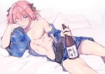  1boy alcohol alternate_costume androgynous astolfo_(fate) bed_sheet black_bow blue_kimono blush bottle bow bulge eyelashes fate/apocrypha fate_(series) feet_out_of_frame fiodo hair_between_eyes hair_bow holding holding_bottle japanese_clothes kimono lying male_focus medium_hair on_back one_eye_closed pillow pink_hair purple_eyes shiny_skin short_kimono sidelocks sketch smile solo thighs tongue tongue_out wide_sleeves 