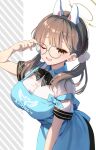 1girl animal_ears apron ariko_youichi black_bow blue_apron blue_archive bow breasts brown_hair eyes_visible_through_eyewear fake_animal_ears glasses halo hand_up large_breasts long_hair looking_at_viewer moe_(blue_archive) moe_(lawson)_(blue_archive) official_alternate_costume one_eye_closed parted_lips polo_shirt rabbit_ears round_eyewear shirt short_sleeves smile solo striped striped_bow twintails white_shirt yellow_eyes 