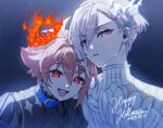  2boys black_shirt blue_background blue_collar brothers collar fangs fire_halo grey_background halo highres hitotose_rinne idolish7 kujou_tenn multicolored_background multiple_boys nanase_riku open_mouth parted_lips pink_eyes pink_hair red_eyes red_hair shirt short_hair siblings smile teeth twins white_shirt 
