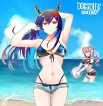  2girls animal_ears arknights armpits arms_up ball bare_arms bare_shoulders basashisenjumin beachball bikini black_bikini black_shorts blue_bikini blue_hair blue_sky ch&#039;en_(arknights) ch&#039;en_the_holungday_(arknights) cloud commentary_request cowboy_shot day dragon_horns eyewear_on_head flower grey_shorts hair_between_eyes hair_flower hair_ornament hands_in_hair holding holding_ball horns lin_(arknights) long_hair looking_at_viewer micro_shorts mouse_ears multiple_girls navel ocean open_fly pink_eyes pink_hair red_eyes red_flower short_shorts shorts simple_background sky standing stomach sunglasses swimsuit thigh_strap thighs very_long_hair wading water white_background 