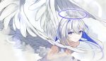  1girl absurdres amane_kanata angel_wings blue_hair closed_mouth colored_inner_hair dress feathered_wings feathers grey_hair halo highres hololive long_hair looking_at_viewer multicolored_hair purple_eyes smile solo sora_shitatoge streaked_hair virtual_youtuber white_background white_dress white_feathers wings 