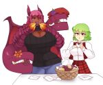  2girls animal_hands basket black_sweater blush breasts cleavage collared_shirt commentary commission crossover dark-skinned_female dark_skin dragon_girl dragon_wings eating english_commentary food green_hair huge_breasts jabberwock_(monster_girl_encyclopedia) kazami_yuuka long_hair long_sleeves meme_attire monster_girl monster_girl_encyclopedia multiple_girls open-chest_sweater pink_eyes pink_hair plaid plaid_skirt plaid_vest red_eyes red_skirt red_vest roasted_sweet_potato rtil second-party_source shirt short_hair simple_background skirt skirt_set sweater sweet_potato touhou vest white_background white_shirt wings 