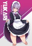  absurdres apron black_dress dress english_text highres looking_at_viewer maid maid_apron maid_headdress nise_no_tsubo purple_eyes purple_hair thighs twintails voiceroid yuzuki_yukari 