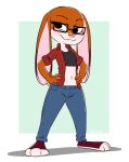  2019 3_toes bottomwear clothed clothing cubedcoconut eyebrows eyewear feet female fingers glasses hi_res lagomorph leporid long_ears mammal navel pants rabbit solo standing tail toes topwear 