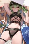  1girl :d absurdres arknights arm_behind_head arm_up armpits beach_umbrella black_one-piece_swimsuit breasts casual_one-piece_swimsuit chair crocodilian_tail gavial_(arknights) green_hair grin highres large_breasts long_hair looking_at_viewer lounge_chair lying navel official_alternate_costume on_back one-piece_swimsuit parted_lips pointy_ears radio sidelocks smile solo surfboard swimsuit tail umbrella underboob visor_cap yellow_eyes zhengqi_zhizi_sg 