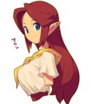  1girl blue_eyes blush breasts closed_mouth cropped_arms cropped_torso dress forehead from_side large_breasts long_hair looking_at_viewer looking_to_the_side malon metata pointy_ears red_hair short_sleeves simple_background smile solo the_legend_of_zelda the_legend_of_zelda:_ocarina_of_time translation_request upper_body white_background white_dress 