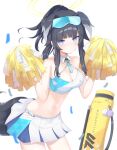  1girl absurdres animal_ears bag ball black_hair blue_archive blue_eyes blush breasts cheerleader choker cleavage confetti crop_top dog_ears dog_girl dog_tail eyewear_on_head halo halter_shirt halterneck hibiki_(blue_archive) hibiki_(cheer_squad)_(blue_archive) highres holding holding_pom_poms long_hair looking_at_viewer medium_breasts midriff navel o-ring o-ring_choker pleated_skirt pom_pom_(cheerleading) ponytail prst_pictuer skirt solo sweat tail tennis_ball 
