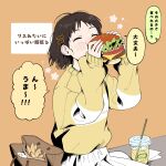  1girl bag blush brown_hair burger cheek_bulge closed_eyes commentary_request cup disposable_cup drinking_straw food hair_ornament hairclip handbag highres maria_komaki orange_background orange_theme original pleated_skirt potato skirt sweater used_tissue white_skirt yellow_sweater 