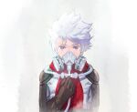  1boy arc_the_lad brown_gloves gas_mask gloves halt_(arc_the_lad) looking_at_viewer male_focus mask protected_link purple_eyes red_scarf save_scene_a scarf short_hair simple_background solo spiked_hair white_background white_hair 