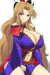  1girl bare_legs breasts cosplay daidouji_(senran_kagura) detached_sleeves fate_(series) large_breasts long_hair looking_at_viewer lughost miyamoto_musashi_(fate) miyamoto_musashi_(fate)_(cosplay) navel orange_eyes orange_hair senran_kagura smile solo very_long_hair 