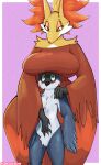  anthro avian breasts delphox female furry generation_6_pokemon goopyarts grope hi_res male nintendo pokemon pokemon_(species) 