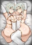  1boy 1girl absurdres areola_slip armpits ass asymmetrical_docking breast_press breasts brother_and_sister elbow_gloves elf gloves green_eyes grey_hair hair_between_eyes highres medium_breasts on_bed original pointy_ears sennei siblings take_your_pick thighhighs white_gloves white_thighhighs 